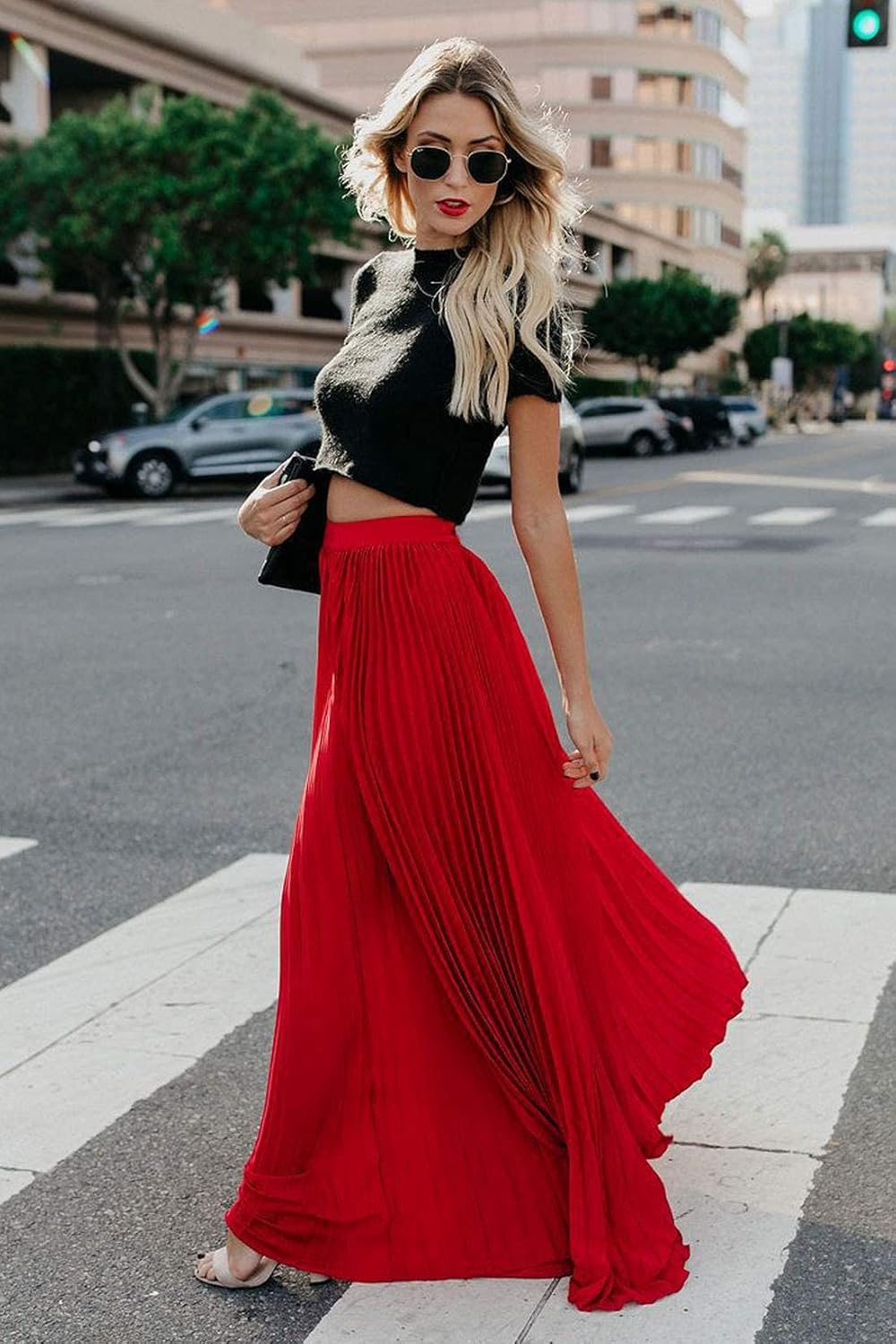 Élise - Jupe longue maxi plissée à taille élastique haute
