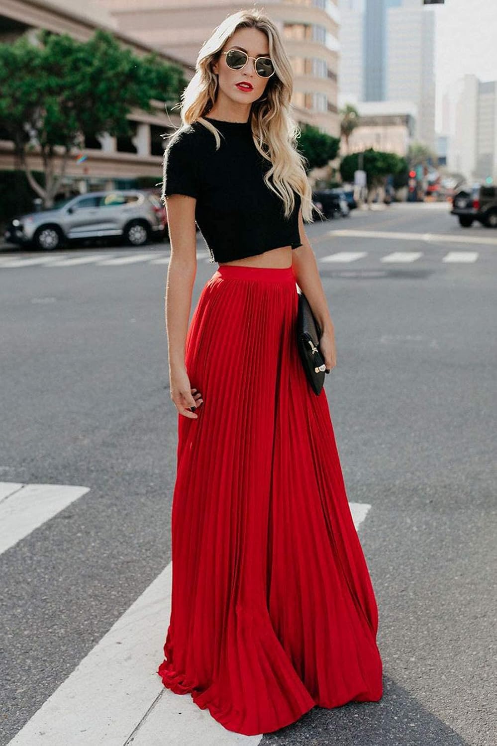 Élise - Jupe longue maxi plissée à taille élastique haute