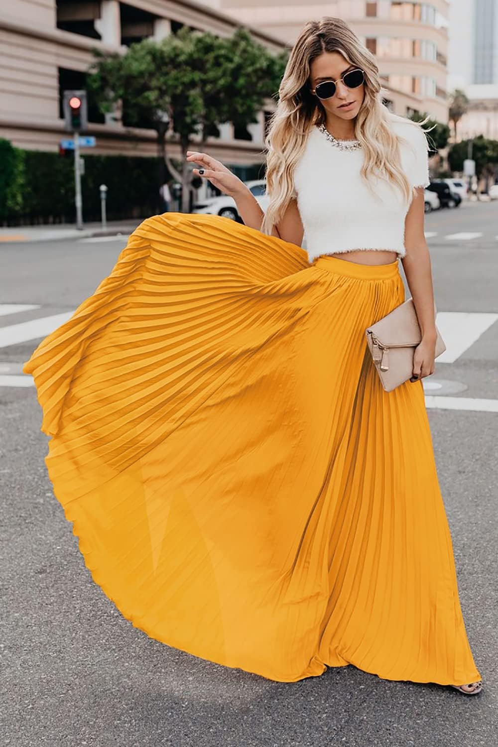 Élise - Jupe longue maxi plissée à taille élastique haute