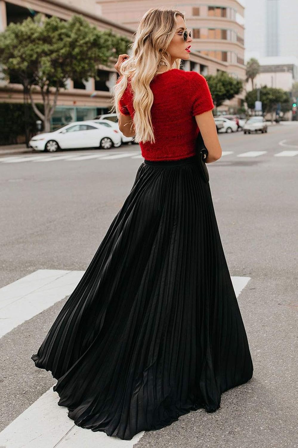 Élise - Jupe longue maxi plissée à taille élastique haute