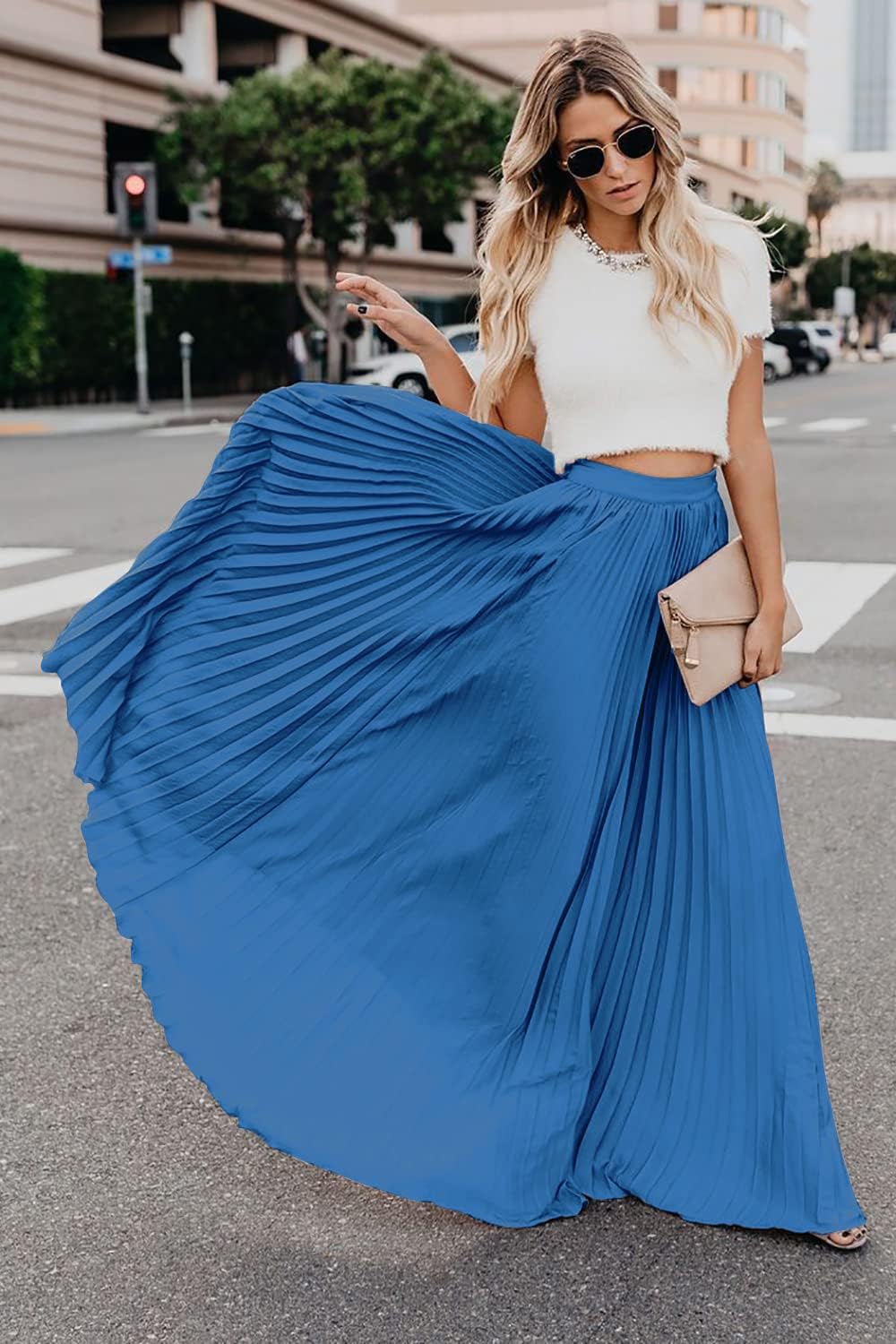 Élise - Jupe longue maxi plissée à taille élastique haute