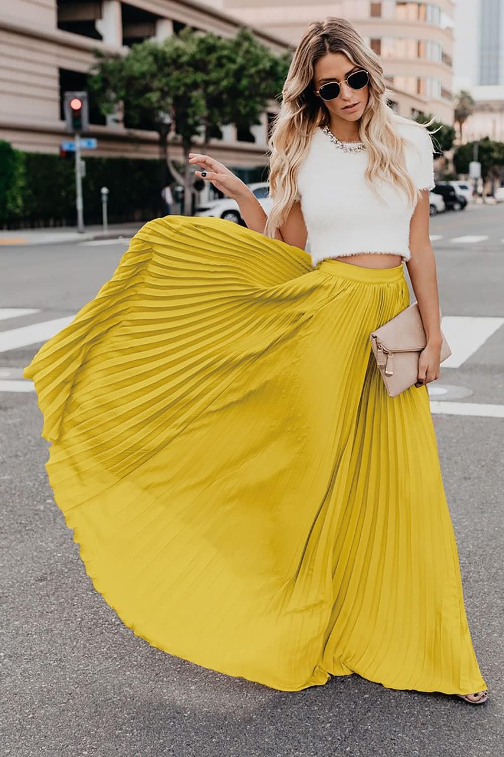 Élise - Jupe longue maxi plissée à taille élastique haute