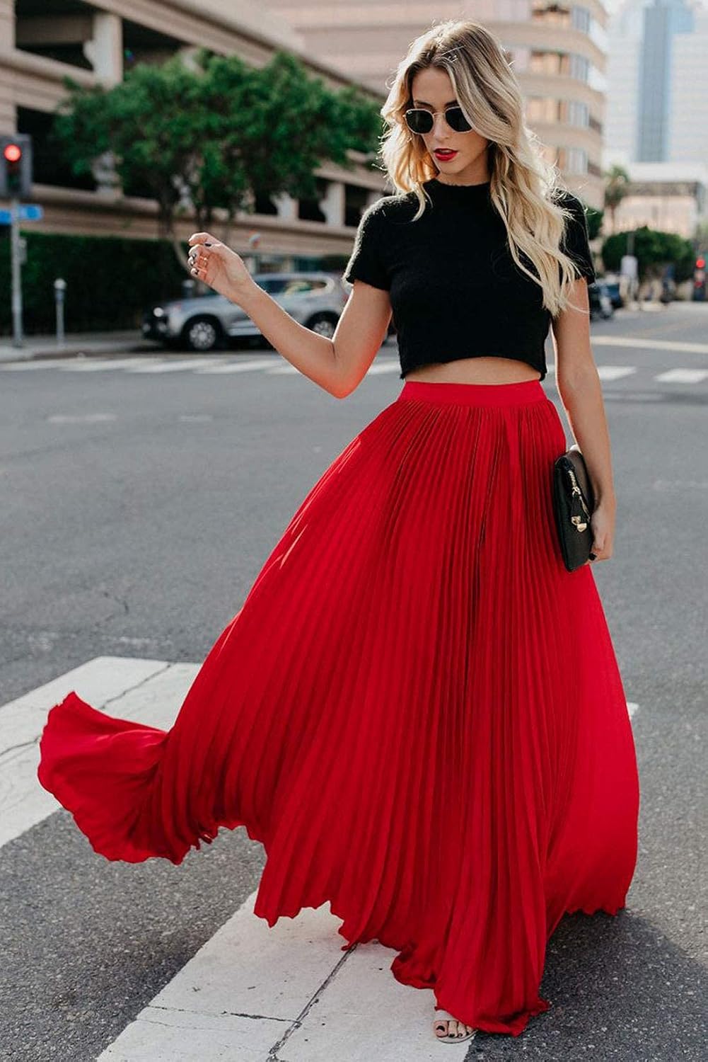 Élise - Jupe longue maxi plissée à taille élastique haute
