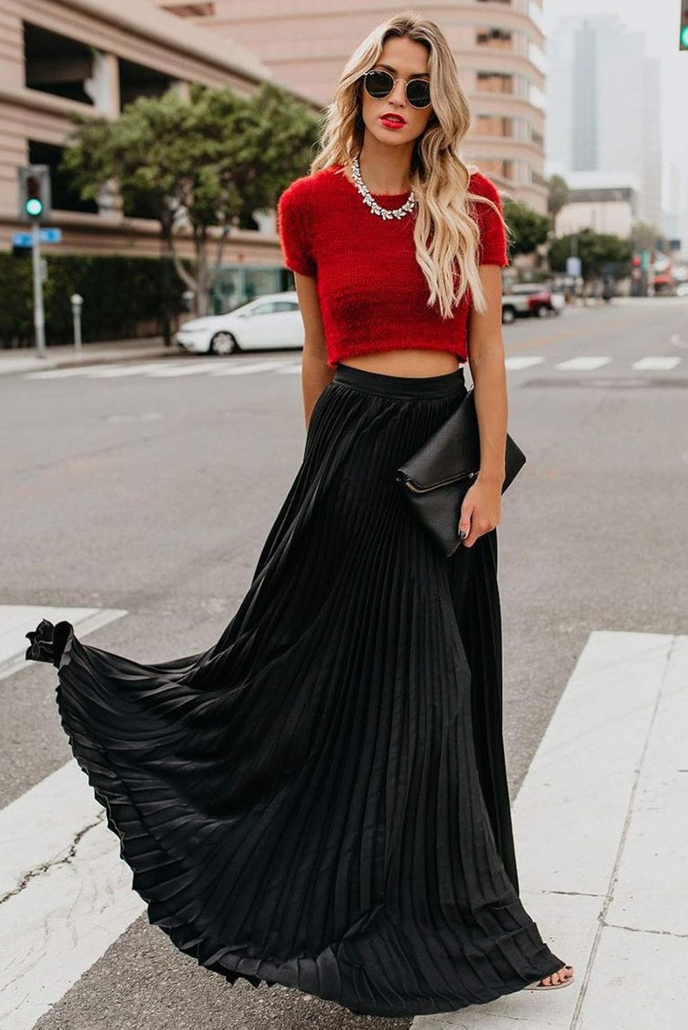 Élise - Jupe longue maxi plissée à taille élastique haute