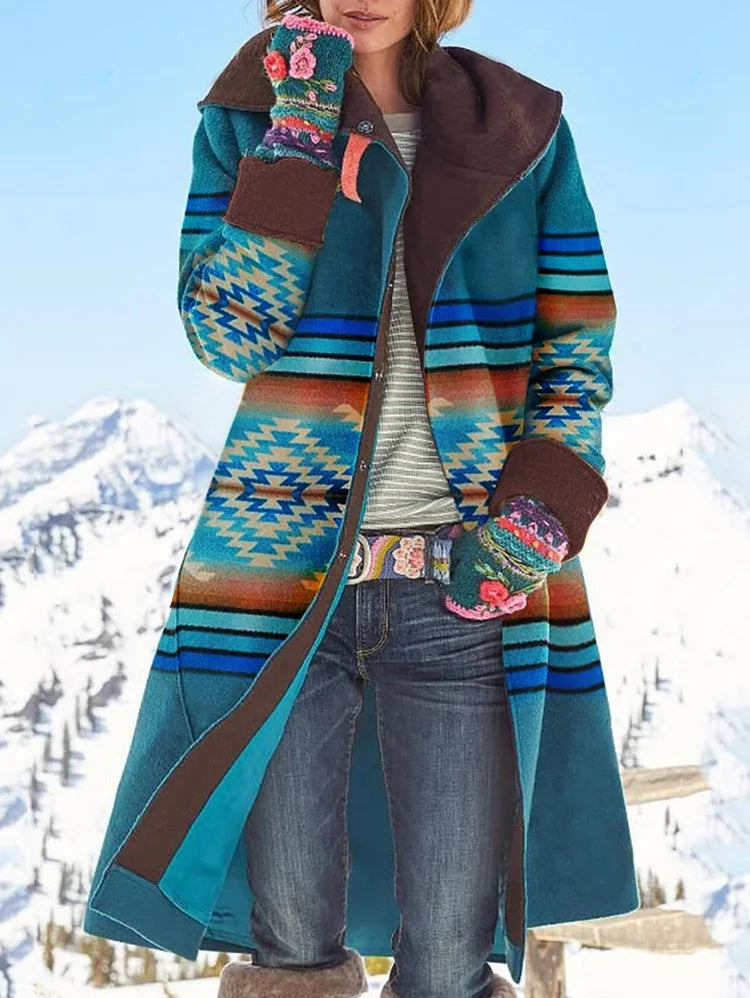 Emily - Manteau en laine imprimé bohémien avec capuche