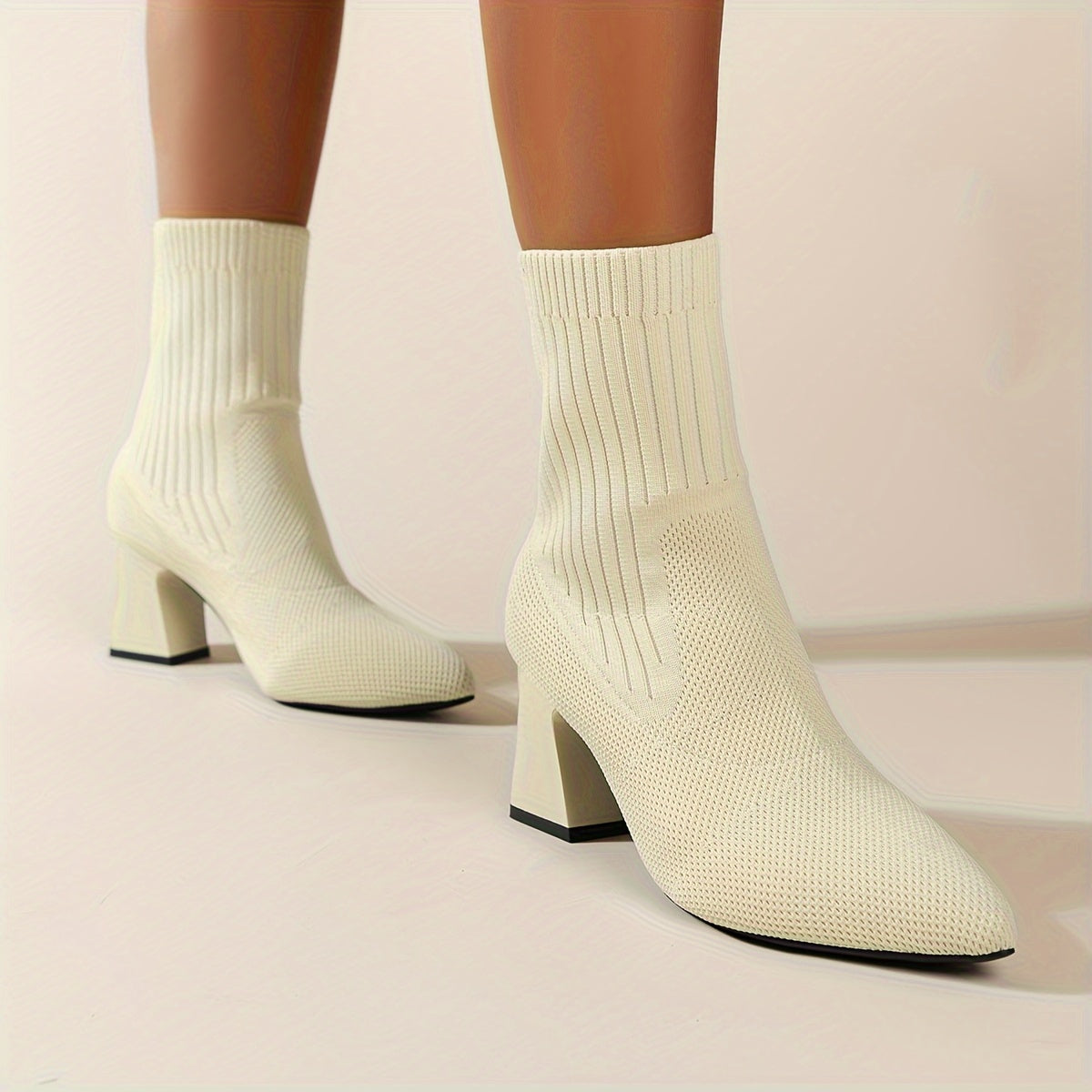 Noémi - Bottines Tricotées Élastiques avec Embout Pointu et Talon Carré