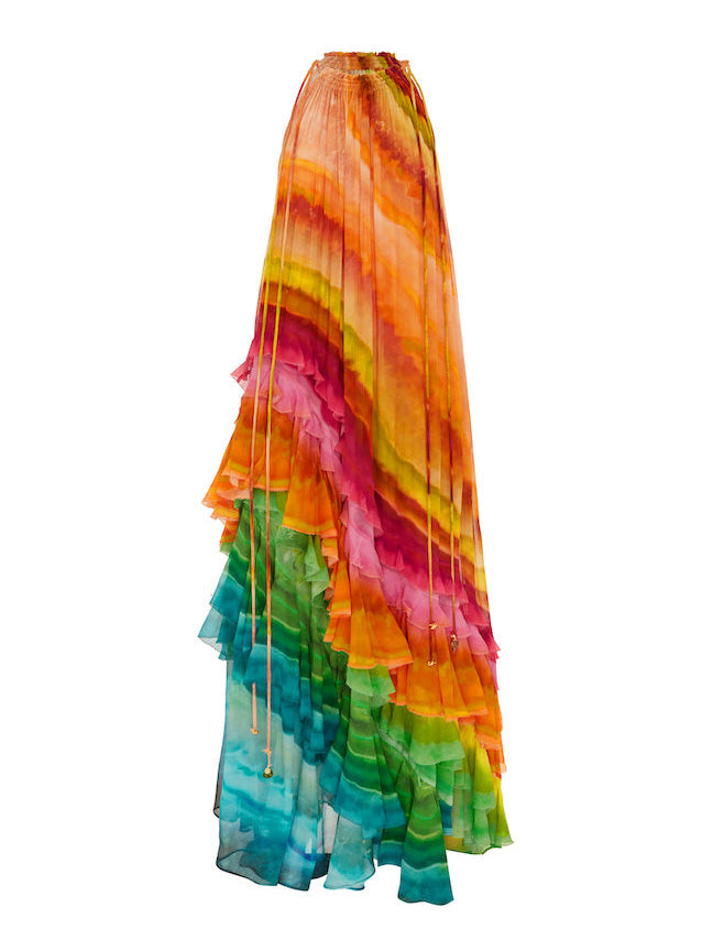 Azalea - Robe Maxi Asymétrique Élégante au Design Magnifique Colorée comme un Arc-en-Ciel avec Volants et Bretelles Halter