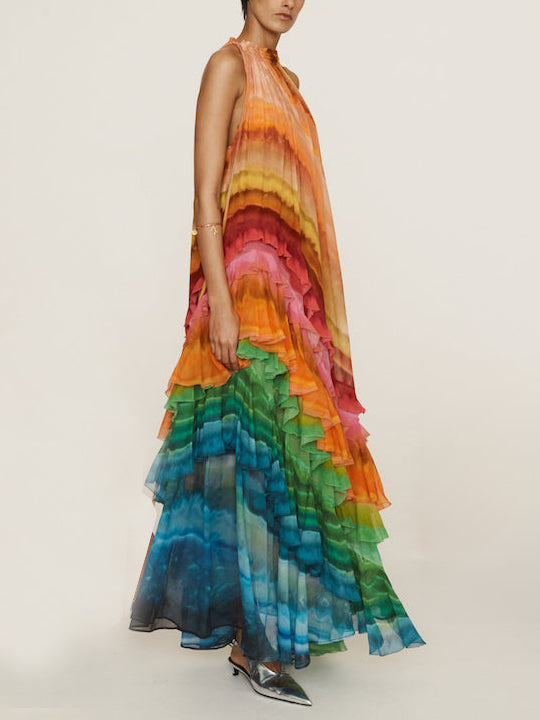 Azalea - Robe Maxi Asymétrique Élégante au Design Magnifique Colorée comme un Arc-en-Ciel avec Volants et Bretelles Halter