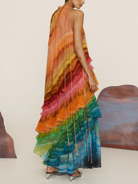Azalea - Robe Maxi Asymétrique Élégante au Design Magnifique Colorée comme un Arc-en-Ciel avec Volants et Bretelles Halter