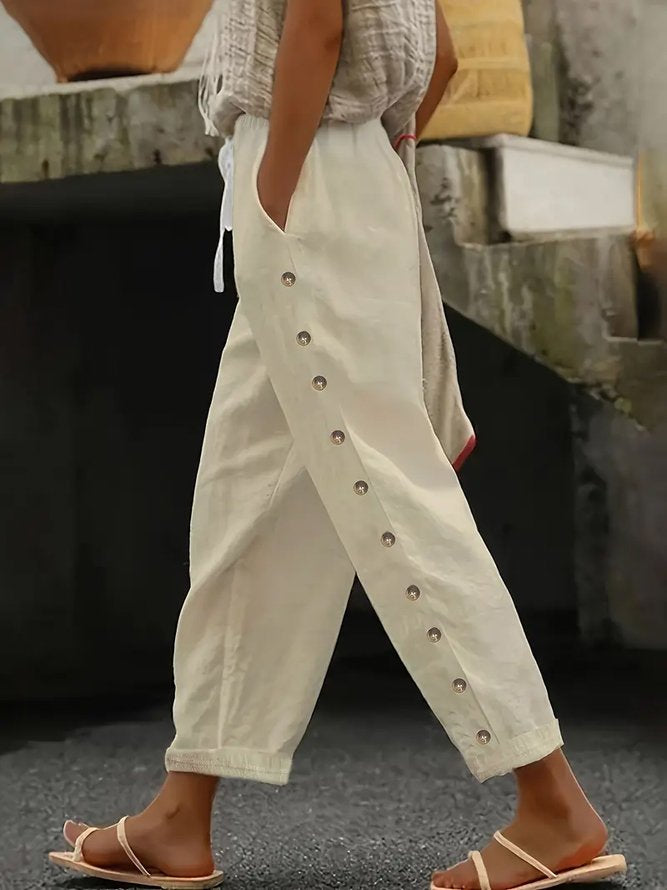 Maria - Pantalon d'Été Confortable en Lin Longueur Cheville avec Boutons sur les Côtés et Cordon de Serrage Ajustable