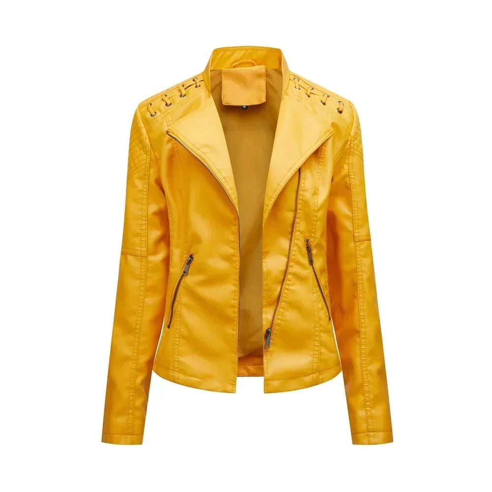 Meena - Veste en cuir biker avec détails en dentelle