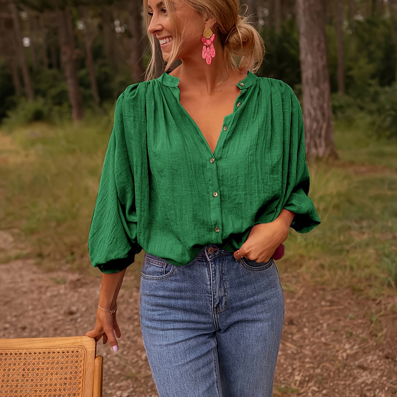 Capucine - Haut Large en Lin à Manches Longues avec Boutons