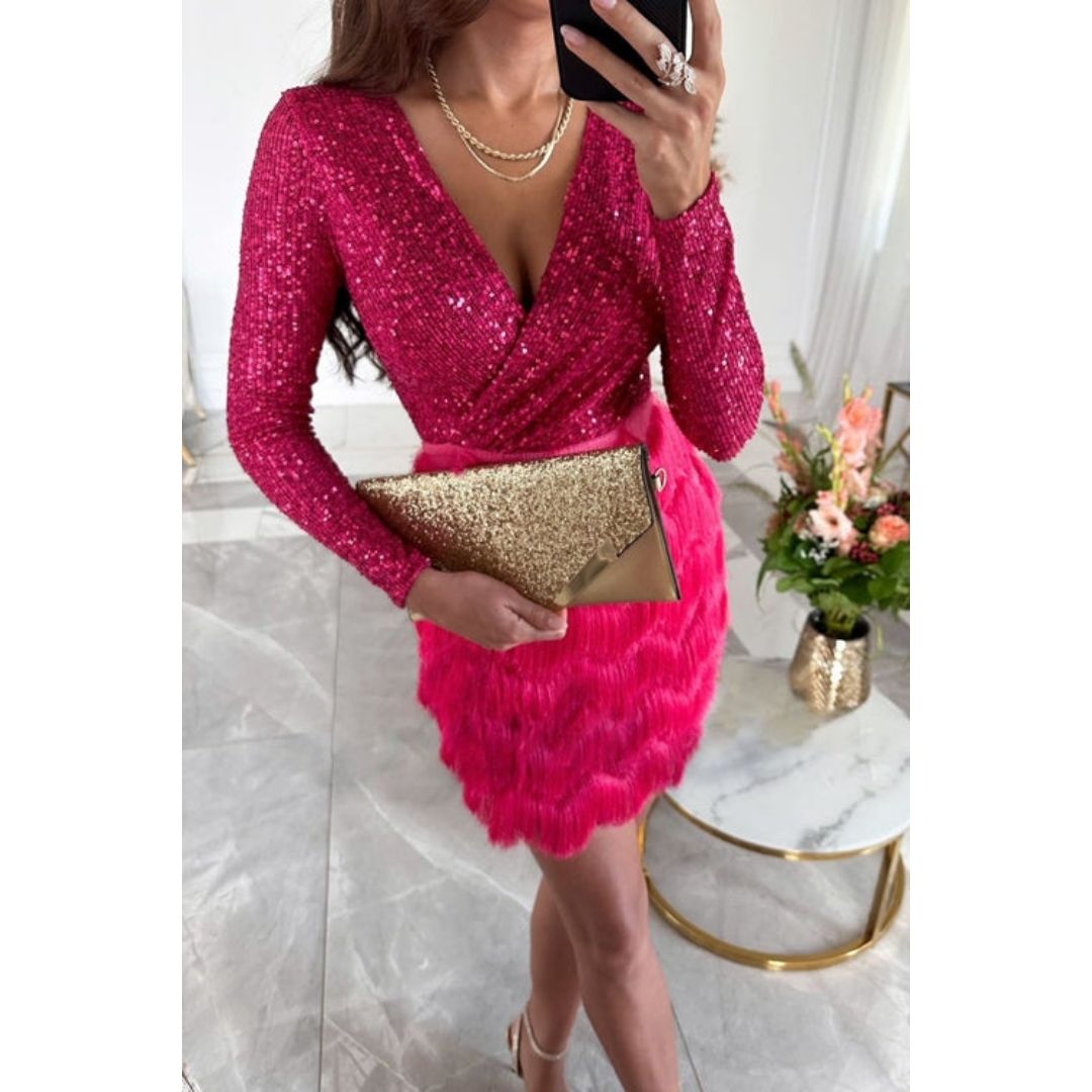 Liv | Robe portefeuille avec paillettes et franges