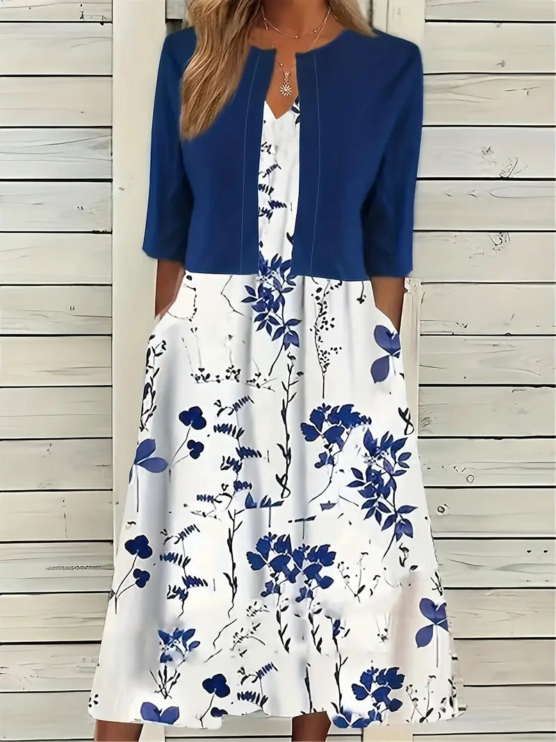 Camélia – Ensemble Deux Pièces Élégant Gilet Uni et Robe à Fleurs avec Encolure Ronde
