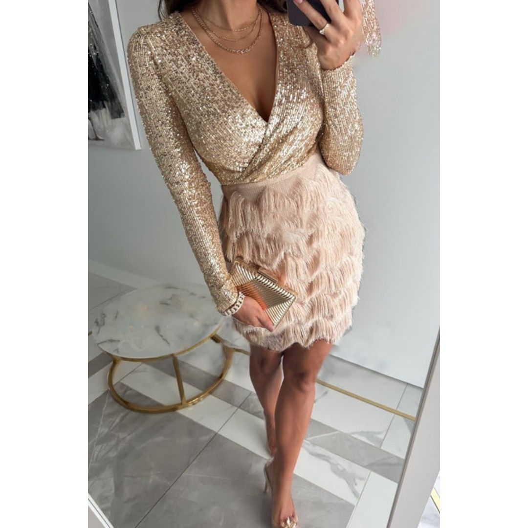 Liv | Robe portefeuille avec paillettes et franges