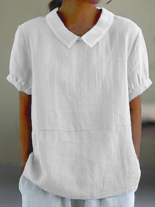 Livia – Haut Classique en Coton et Lin Uni avec Col et Manches Courtes