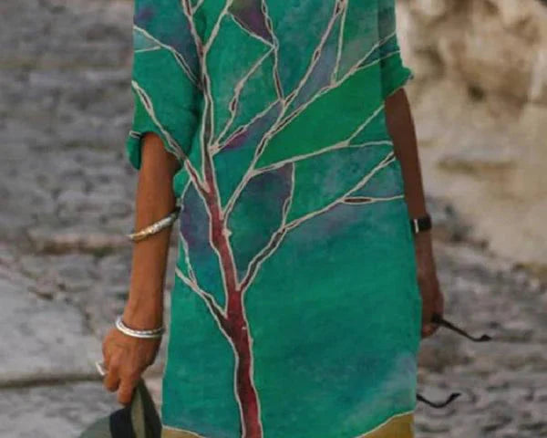 Mia - Robe à Manches Trois-Quarts et Décolleté en V pour le Printemps Jusqu'aux Genoux avec Imprimés Estivaux