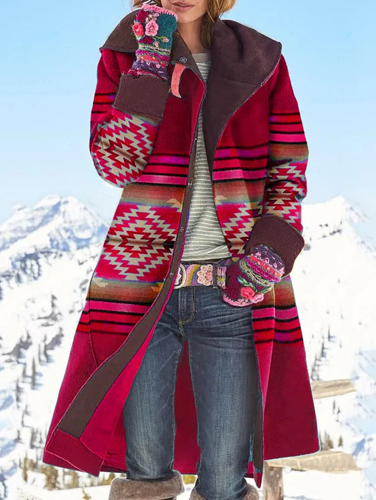 Emily - Manteau en laine imprimé bohémien avec capuche