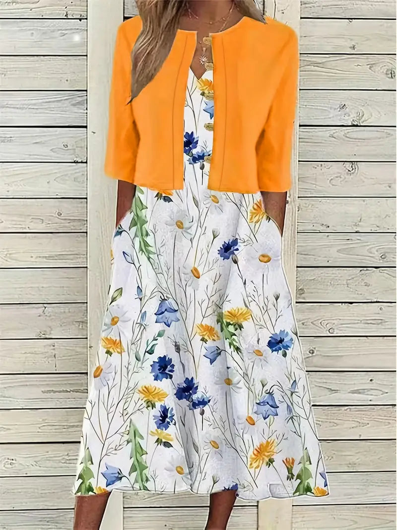 Camélia – Ensemble Deux Pièces Élégant Gilet Uni et Robe à Fleurs avec Encolure Ronde