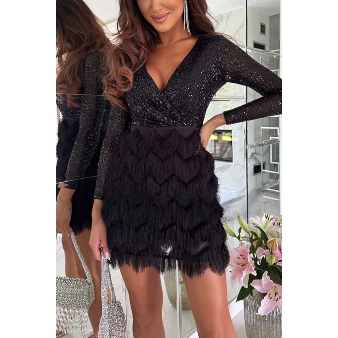 Liv | Robe portefeuille avec paillettes et franges