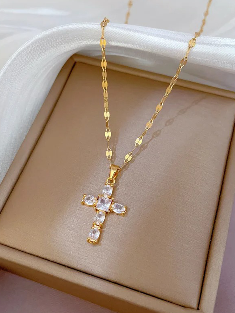 Emmanuelle - Collier Croix en Zirkonia Or Blanc/Rose/Noir
