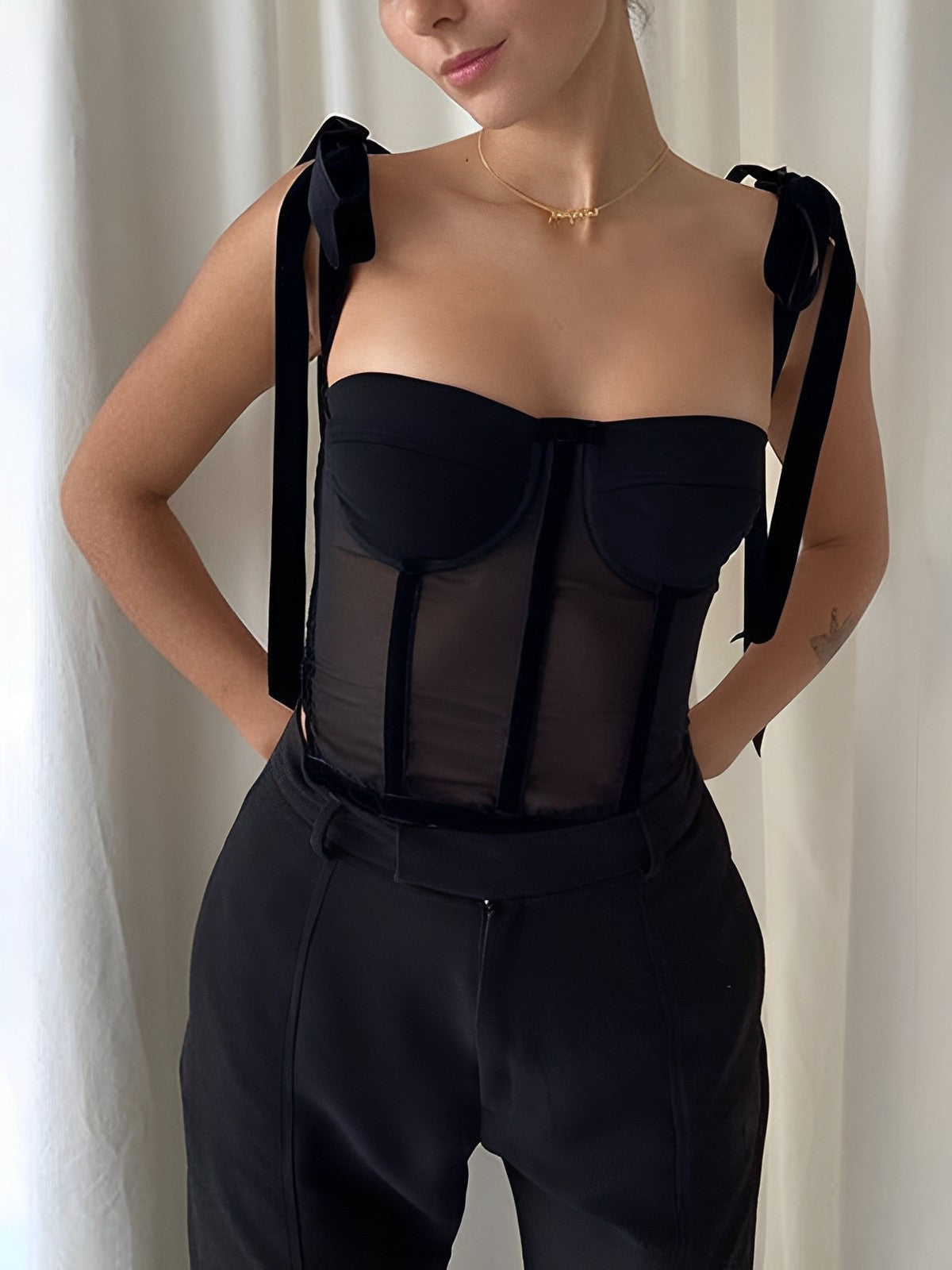 Sidonie – Top Corset Transparent avec Bretelles à Nouer sur les Épaules