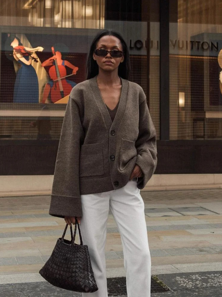Adèle - Gilet Élégant Femme | Gilet à Boutons | Pull Femme Marron/Blanc