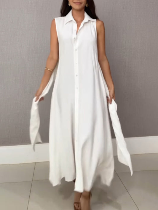 Indigo - Robe Midi Sans Manches Cintrée avec Col à Boutons en Couleur Unie