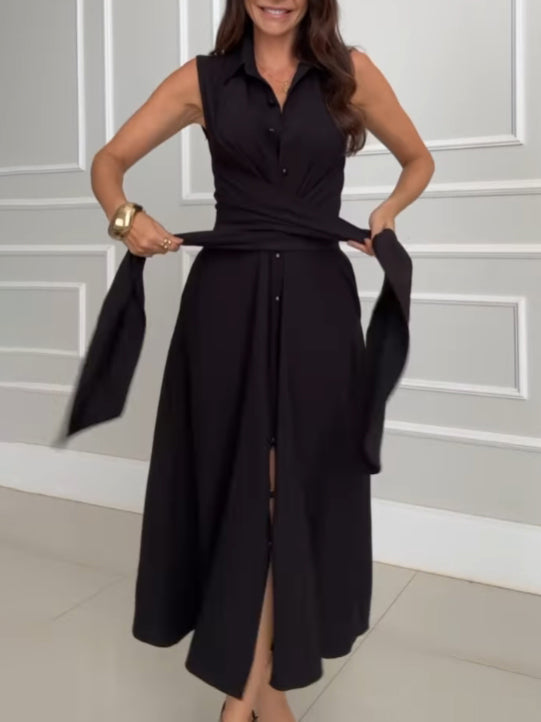 Indigo - Robe Midi Sans Manches Cintrée avec Col à Boutons en Couleur Unie