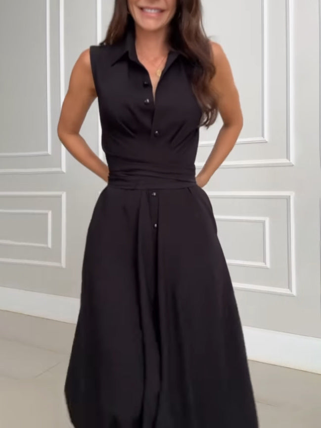 Indigo - Robe Midi Sans Manches Cintrée avec Col à Boutons en Couleur Unie