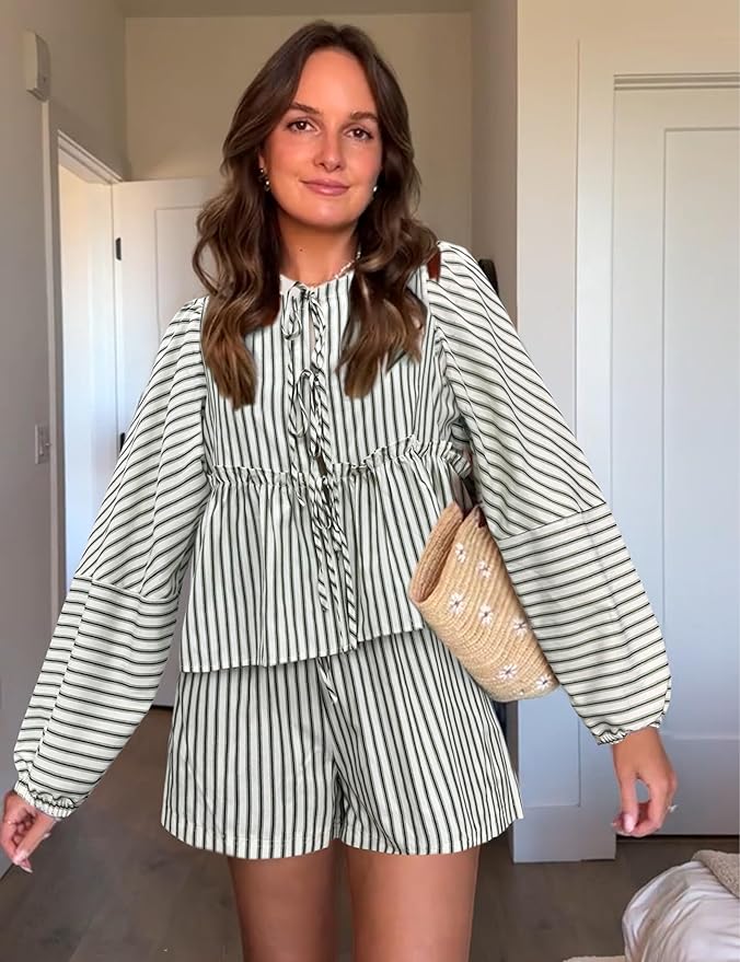 Sophie - Ensemble top à manches longues rayé et short