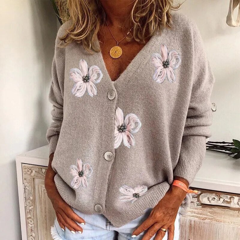 Faye - Cardigan Fleuri à Col en V Pour Femme