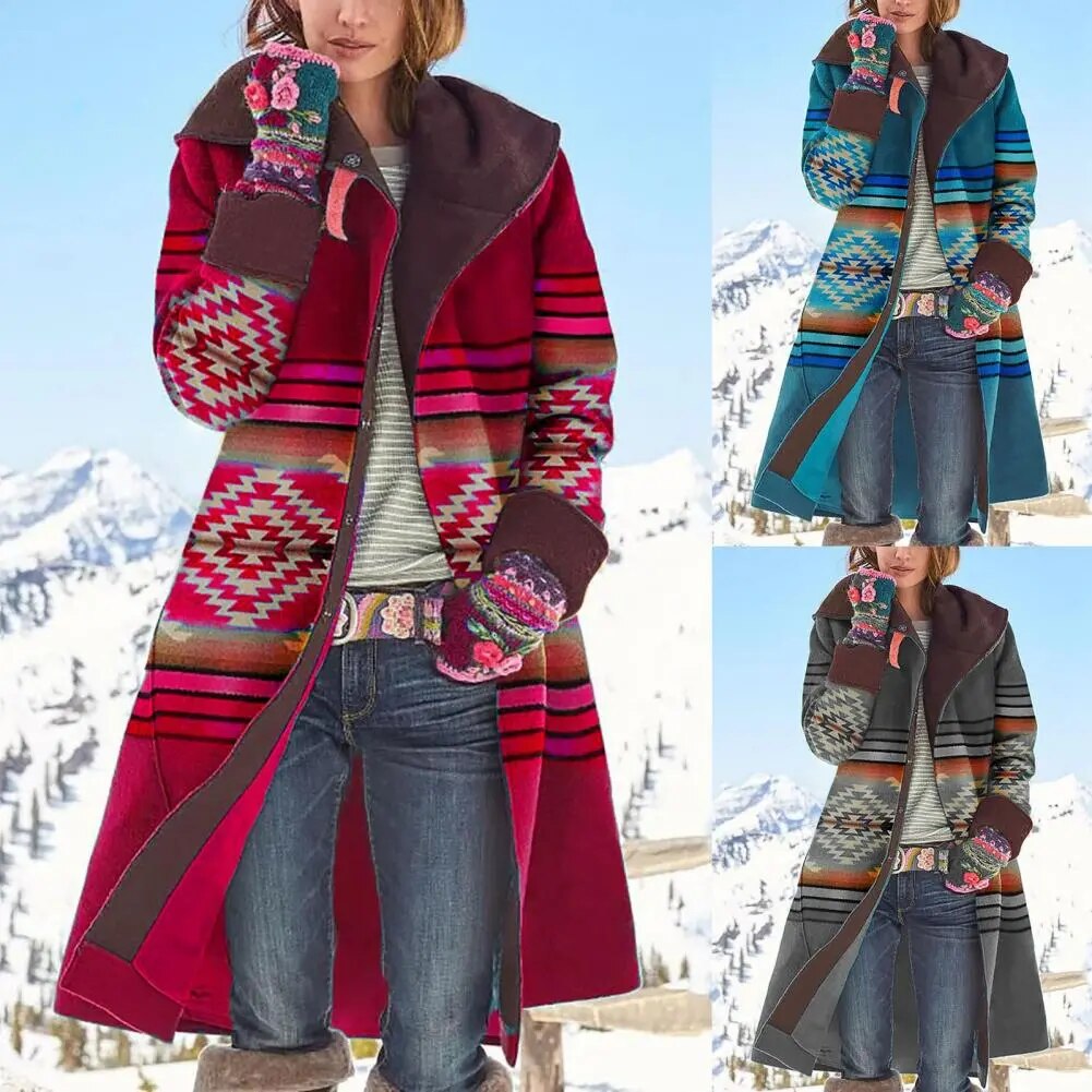 Emily - Manteau en laine imprimé bohémien avec capuche