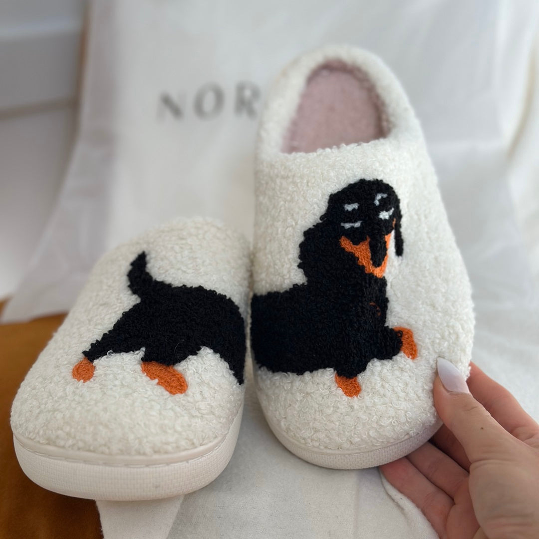 Bénédicte - Chaussons slip-on de luxe avec imprimé teckel