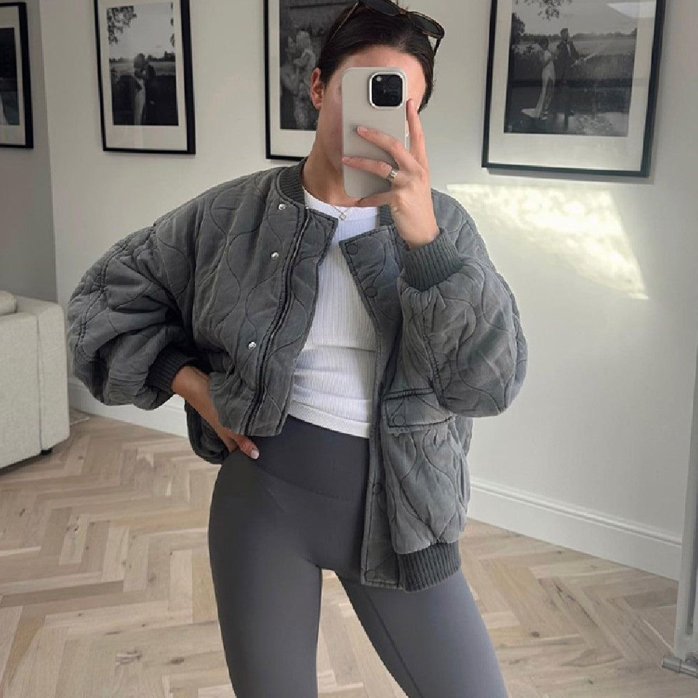 Azura - Veste Bomber Oversize Grise Foncée avec Motif Ondulé pour Femmes