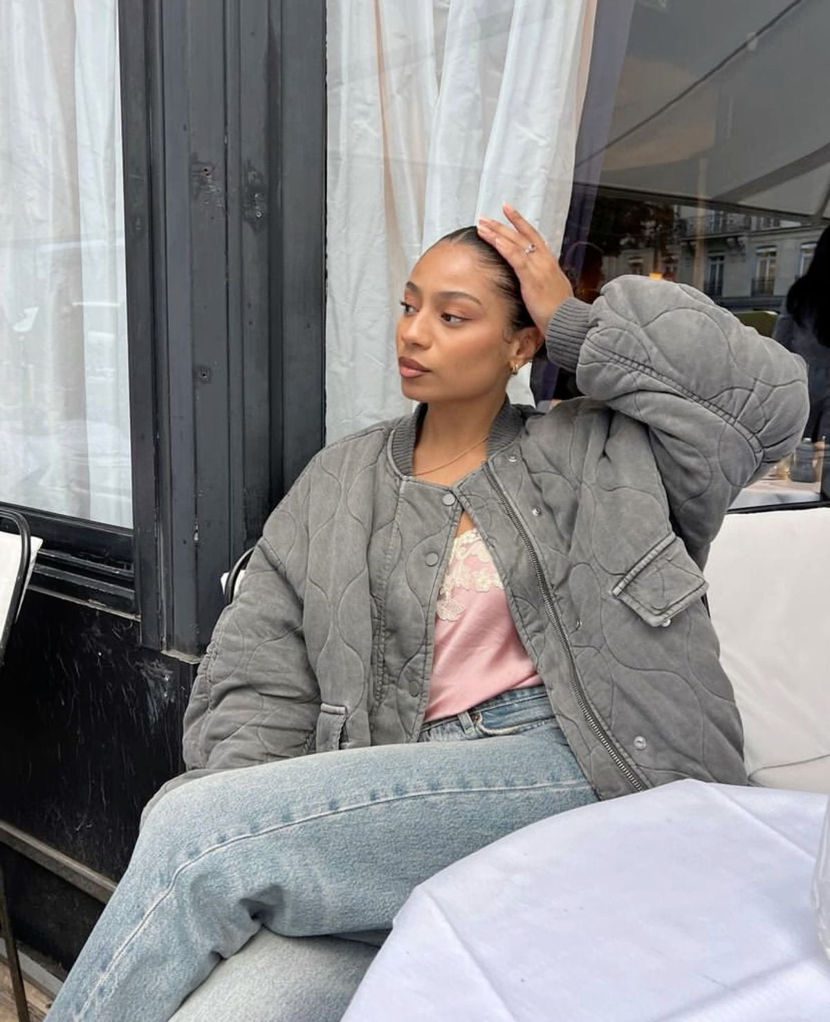 Azura - Veste Bomber Oversize Grise Foncée avec Motif Ondulé pour Femmes