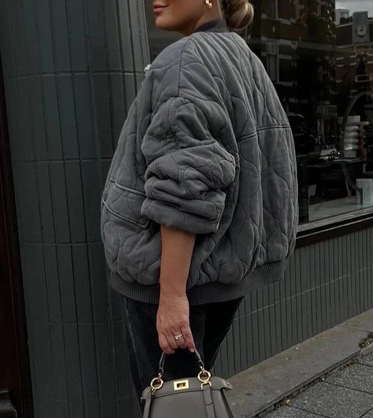 Azura - Veste Bomber Oversize Grise Foncée avec Motif Ondulé pour Femmes