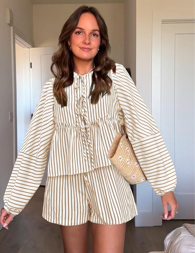 Sophie - Ensemble top à manches longues rayé et short