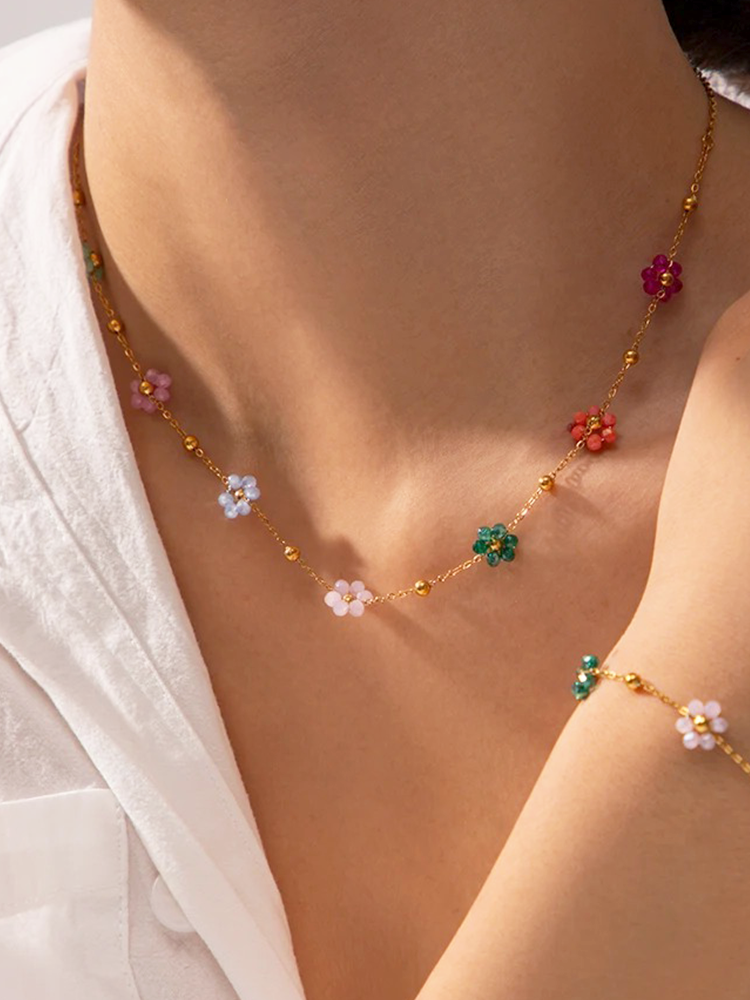 Louna - Collier Fleurs Colorées Or