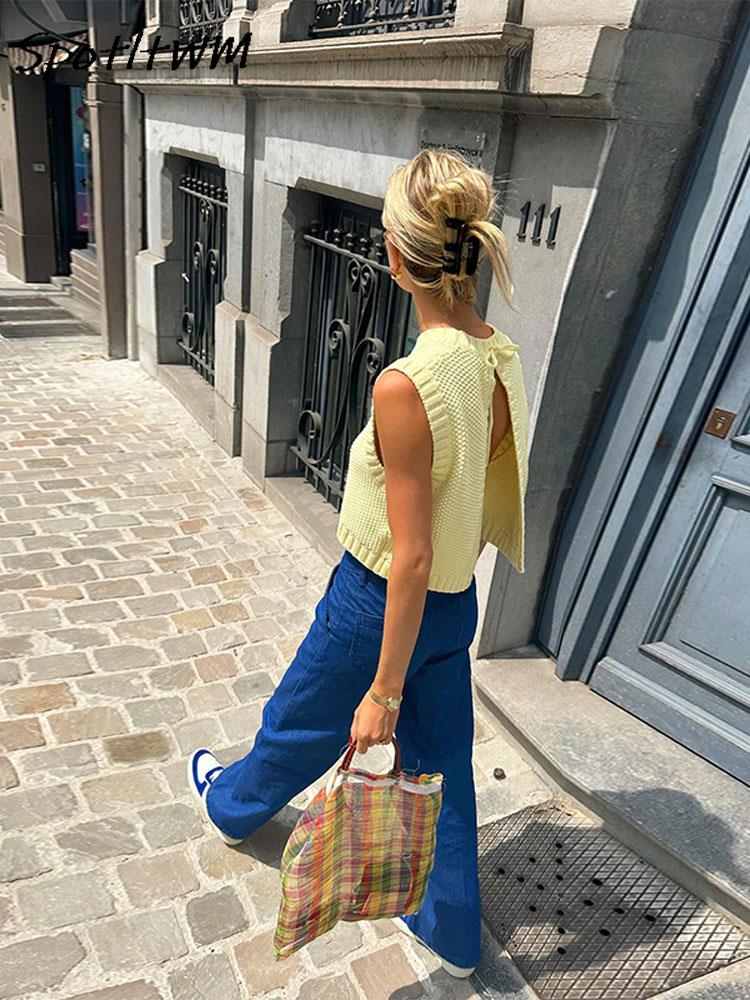 Maya – Gilet en maille jaune beurre à dos ouvert