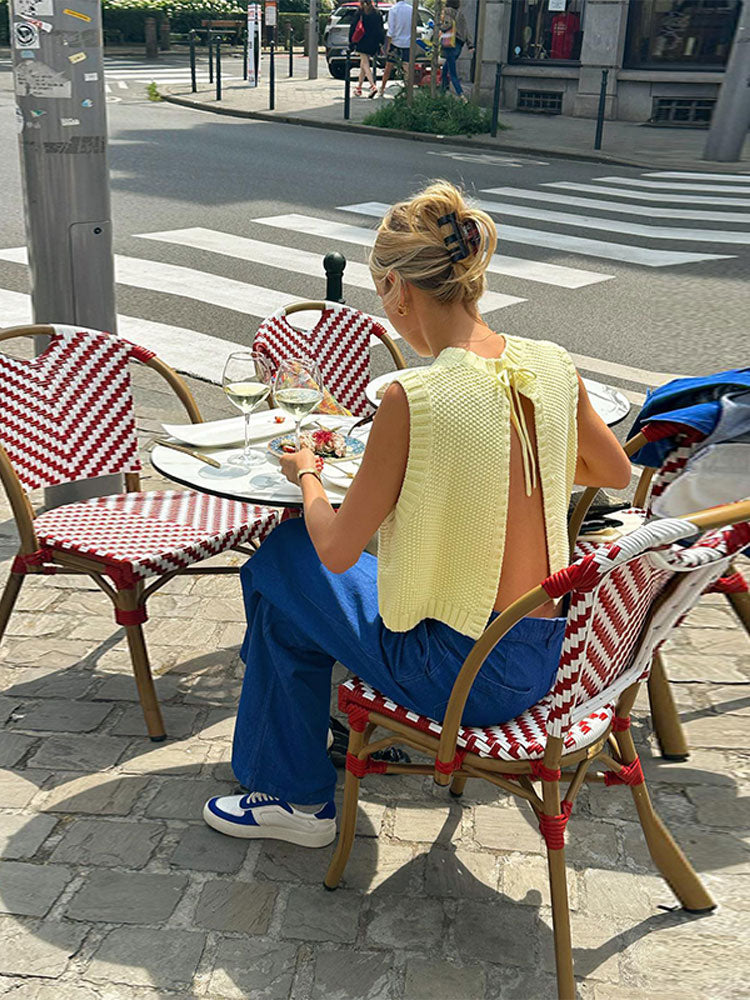 Maya – Gilet en maille jaune beurre à dos ouvert