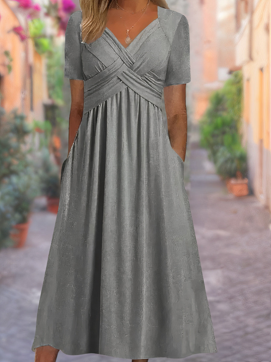 Maëlys – Robe Longue d’Été à Encolure en V Faux Cache-Cœur Manches Courtes et Taille Haute