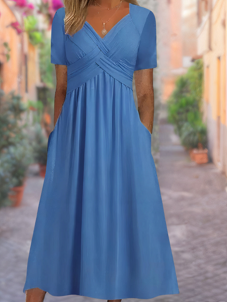 Maëlys – Robe Longue d’Été à Encolure en V Faux Cache-Cœur Manches Courtes et Taille Haute