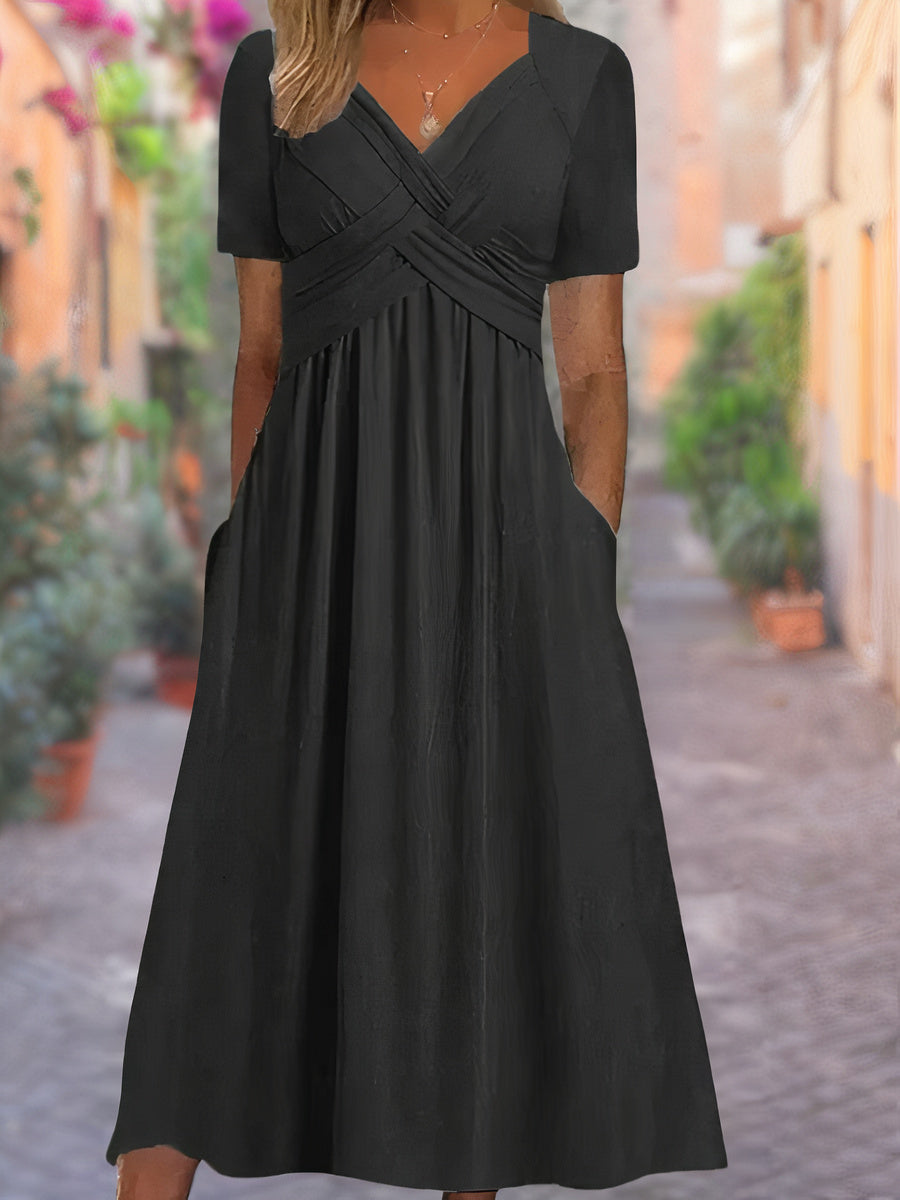 Maëlys – Robe Longue d’Été à Encolure en V Faux Cache-Cœur Manches Courtes et Taille Haute