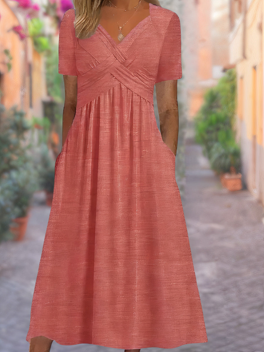 Maëlys – Robe Longue d’Été à Encolure en V Faux Cache-Cœur Manches Courtes et Taille Haute