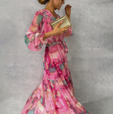 Cléa – Robe Maxi Rose Effet Aquarelle Faux Cache-Cœur avec Décolleté en V Ceinture à la Taille et Manches Longues
