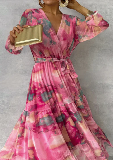 Cléa – Robe Maxi Rose Effet Aquarelle Faux Cache-Cœur avec Décolleté en V Ceinture à la Taille et Manches Longues