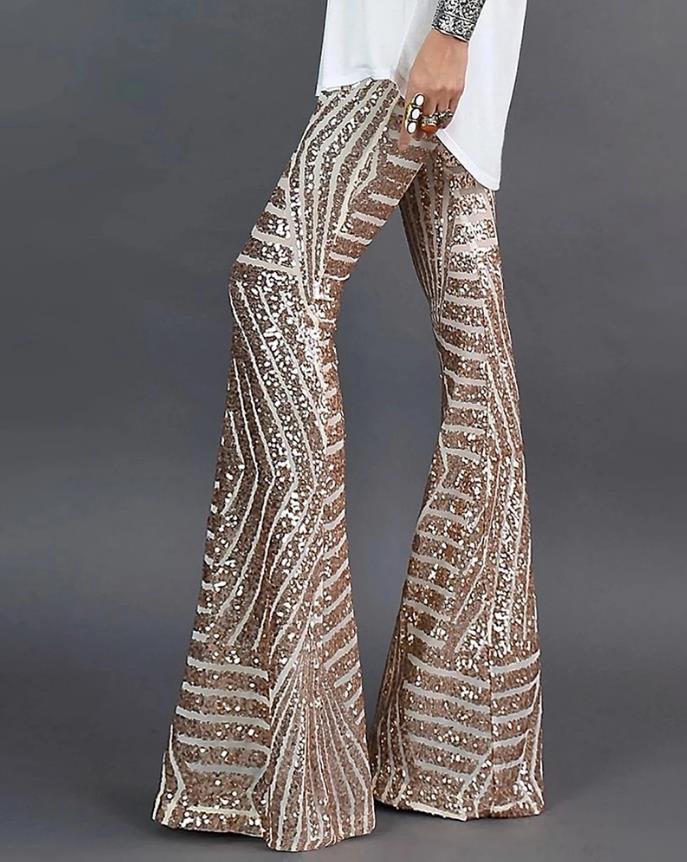Sara - Pantalon à paillettes à pattes d'éléphant avec motif abstrait
