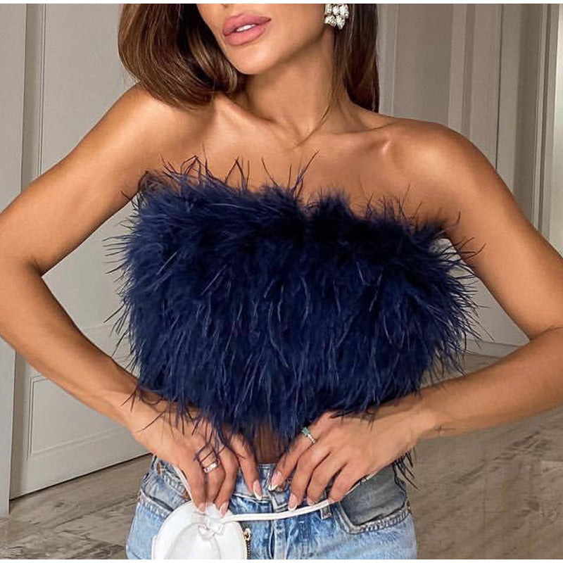 Maya - Top sans bretelles avec plumes imitées