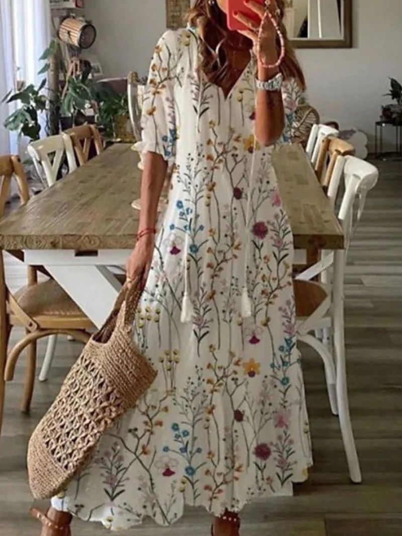 Zélie – Robe Maxi Bohème en Mousseline à Fleurs Décolleté en V et Manches Mi-Longues